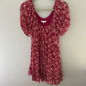 Rebecca Taylor Burgundy Floral Mini Dress with Puff Sleeves
